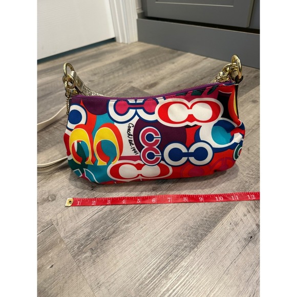 Coach Multicolor Op Art Print Canvas Leather Trim Shoulder Bag Purse Gold Chain - Picture 14 of 17